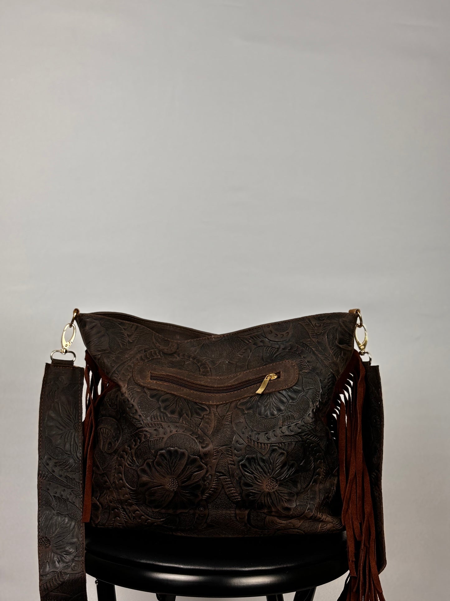 Floral Dark Brown Leather Crossbody Bag