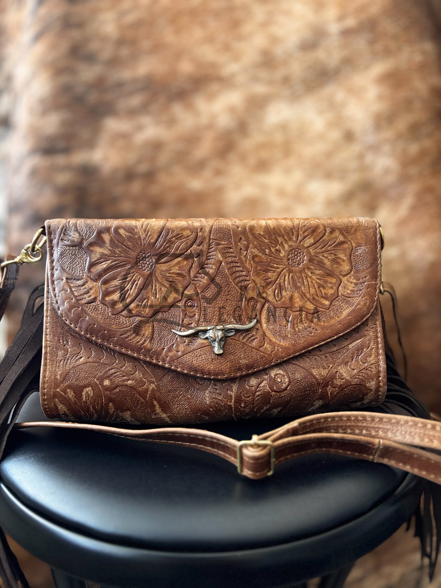 Leather Crossbody with Longhorn Accent