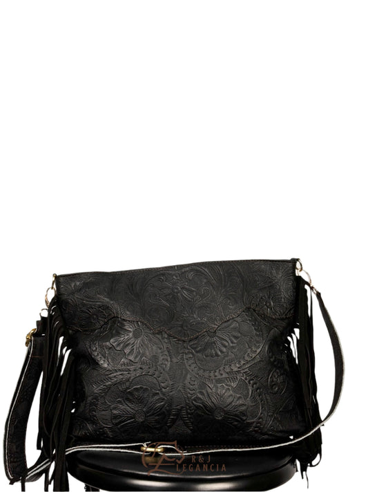 Floral Black Leather Crossbody