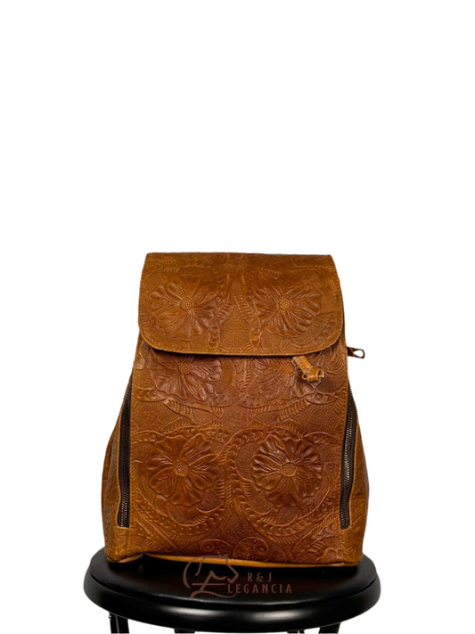 Floral Tan Leather Backpack