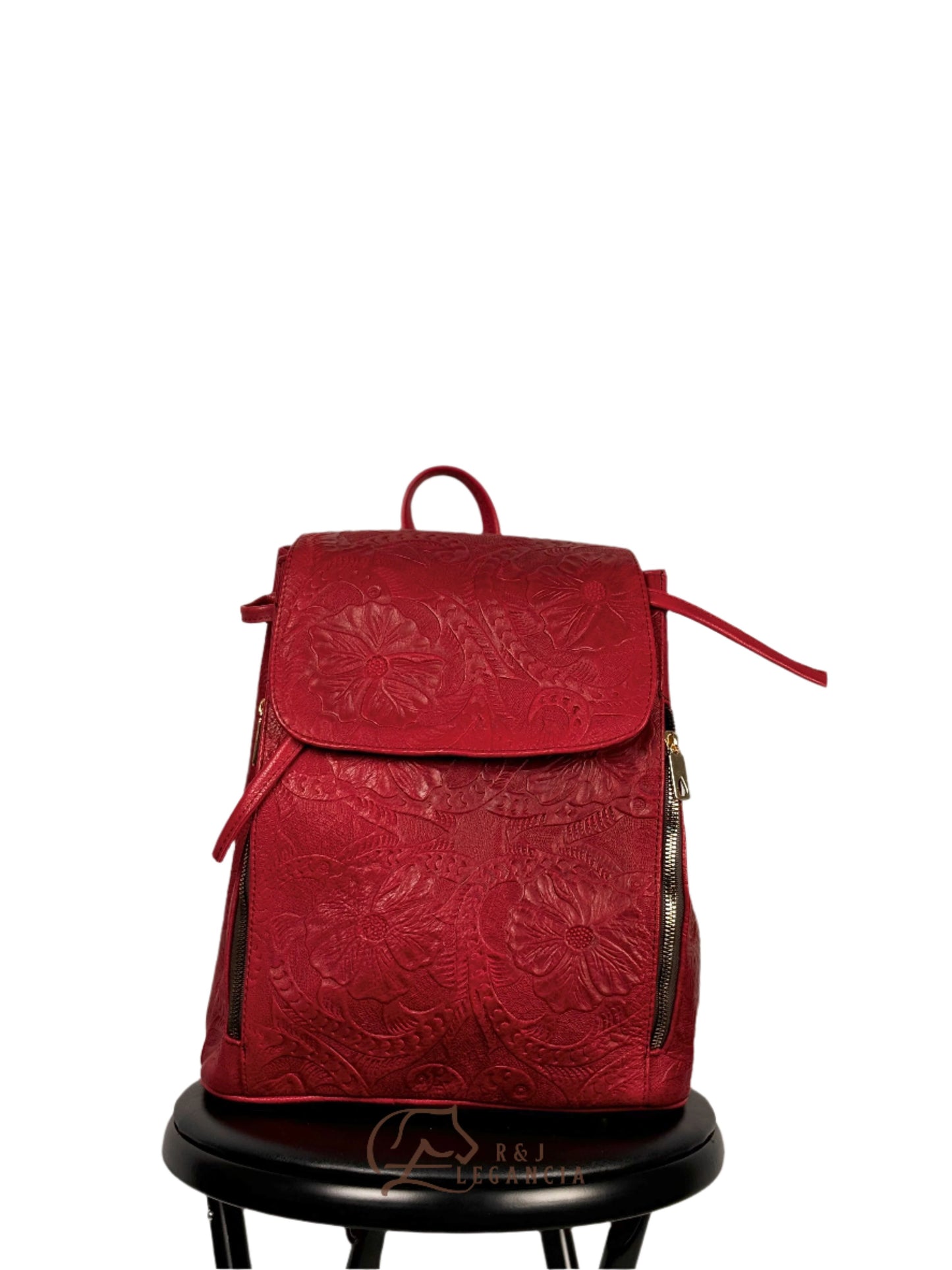 Floral Red Leather Backpack