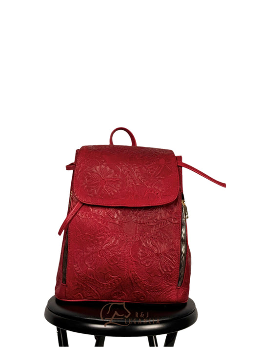 Floral Red Leather Backpack