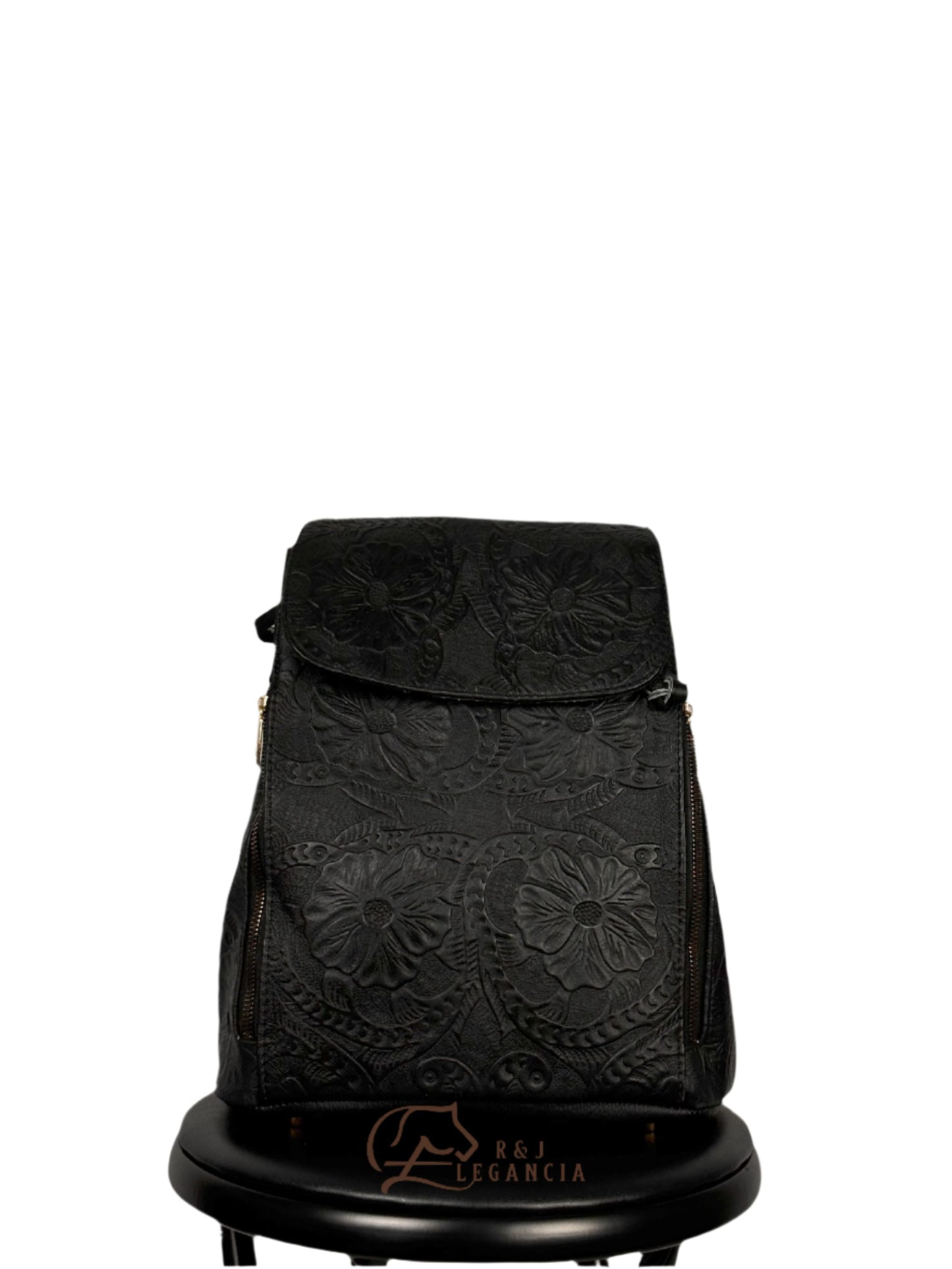 Floral Black Leather Backpack